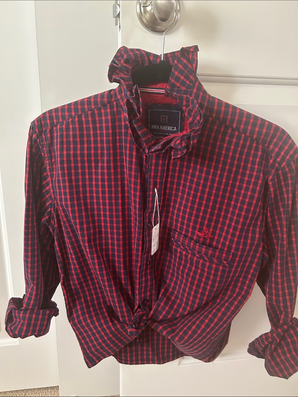 Red/Navy Plaid Button-Up Shirt with ruffled collar. One of a kind!